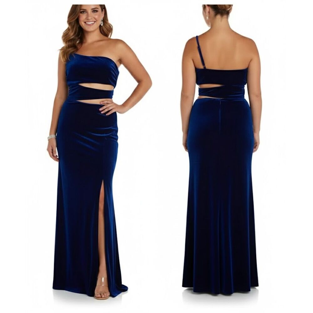 Morgan & Co One Long Gown 9 Maxi Dress Wedding Formal Side Slit Cutout Blue